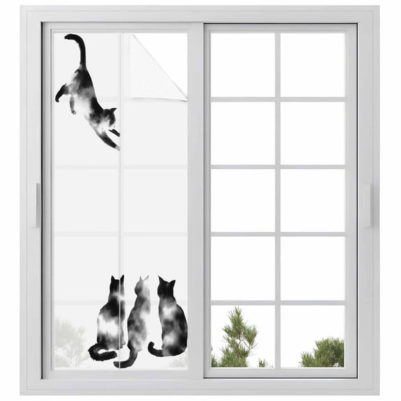 Black White Cat Window Privacy Film, Retro Art Animals Static Cling UV Sun Blocking Heat Control Window Tint Day and Night, Non-Adhesive Reusable One Way Windows Privacy Cover 23.6''x59''