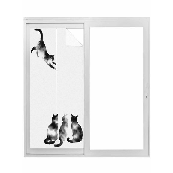 Black White Cat Window Privacy Film, Retro Art Animals Static Cling UV Sun Blocking Tint Film Heat Control Windows Films for Bedroom Bathroom, Window Stickers 17.7"x39.3"