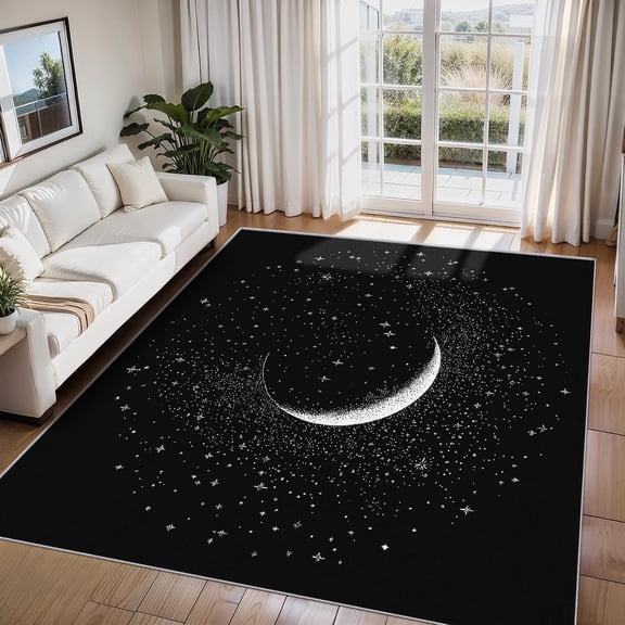 Black and White Celestial Moon Star Area Rugs, Black Galaxy Sky Carpet, Washable Non Slip Low Pile Soft Rug for Living Room Bedroom Home Office Decor Mat 5x8ft
