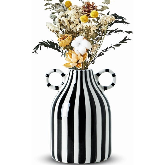 Black and White Ceramic Vase, Mid Century Modern Striped Small Vases for Flower&pampas Grass Centerpiece, Black White Checkered Vase for Dining Table Kitchen Tabletop Minimalist Decorative