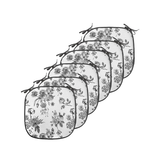 Black and White Chair Seating Cushion Set of 6, Vintage Floral Pattern Victorian Classic Royal Inspired New Modern Art, Seat Pads with Anti-slip Backing, 16"x16", White and Black, by Ambesonne