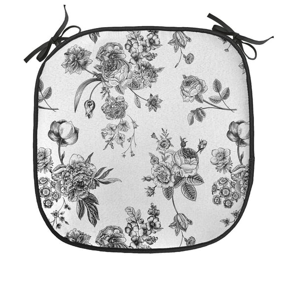 Black and White Chair Seating Cushion, Vintage Floral Pattern Victorian Classic Royal Inspired New Modern Art, Soft Seat Pads for Office with Anti-slip Backing, 16"x16", White and Black, by Ambesonne