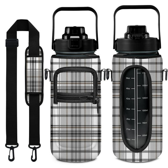 Black and White Check 64 Oz Water Bottle with Measurements - BPA Free Leakproof Sport Large Plastic Water Bottle with Straw Strap & Insulated Neoprene Holder Carrier Bag Great Gift for Women Men