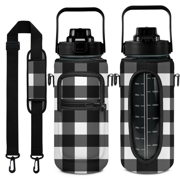 Black and White Check 64 Oz Water Bottle with Sleeve - BPA Free Leakproof Sport Large Plastic Water Bottle with Straw Strap & Insulated Neoprene Holder Carrier Bag Great Gift for Women Men