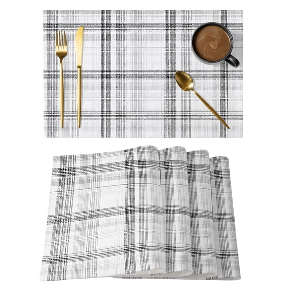 Black White Check Placemats Set of 8 Farmhouse Line Buffalo Plaid Place Mats Indoor Wipeable Table Mats Washable Cloth Dining Table Placemats for Kitchen Holiday Party Home Decor 13x19 Inch