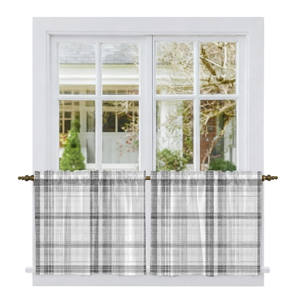 Black White Check Tier Curtains 24 Inch Length, Farmhouse Line Buffalo Plaid Cafe Short Curtains for Bathroom Over Sink, Small Kitchen Curtain Light Filtering Tiered Drapes 2 Panels 27.5"Wx24"L