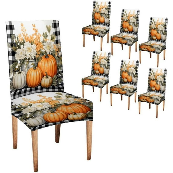 Black and White Checked Pumpkin Flower Dining Room Chair Covers Set of 6 Stretch Parson Slipcovers Removable Washable Chair Protector for Home Restaurant Banquet