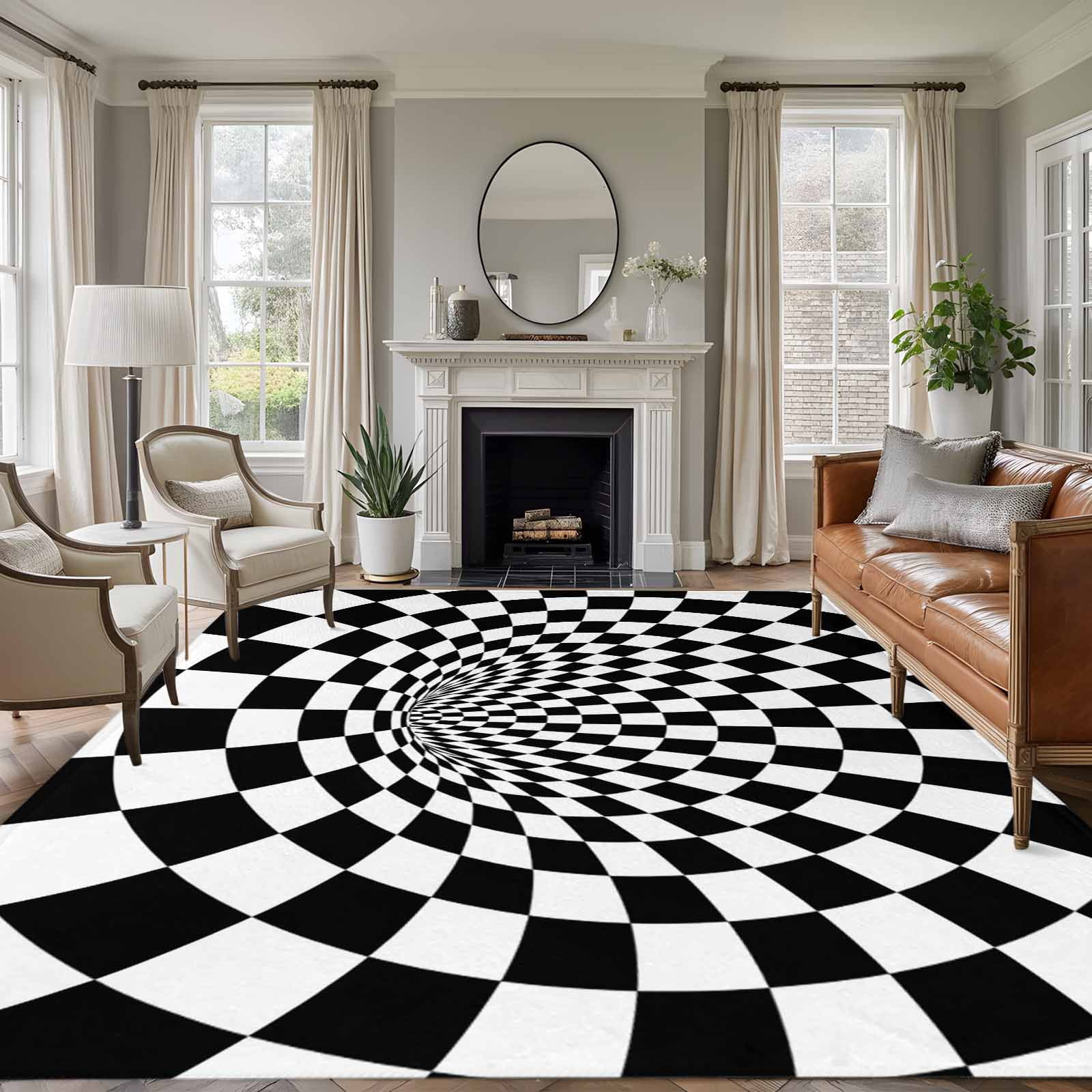Black White Checker 5'x7' Area Rugs Modern Abstract Checkered Tunnel ...