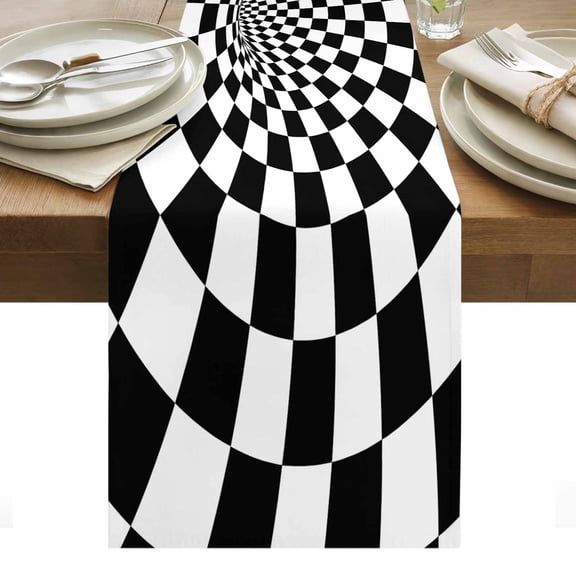 Black White Checker Cotton Linen Table Runner Modern Abstract Checkered Tunnel Mosaic Cubes Dining Table Runners for Home Decor Party Dining Room Restaurant Kitchen Party 13" x 48"