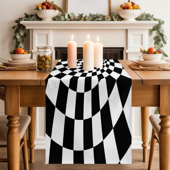 Black White Checker Dining Table Runner, Modern Abstract Checkered Tunnel Mosaic Cubes Washable Table Runners Kitchen Coffee Table Center Decor for Home Party Holiday Wedding 13 x 36 Inches