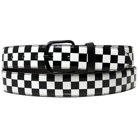 Black White Checker Flag Racing Style Bonded Leather Belt
