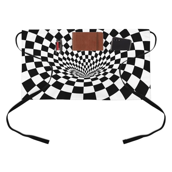 Black White Checker Kitchen Restaurant Half Waist Apron, Modern Abstract Checkered Tunnel Mosaic Cubes Server Short Apron with 3 Pockets Waterproof Oil Waist Aprons for Women Waitress Waiter