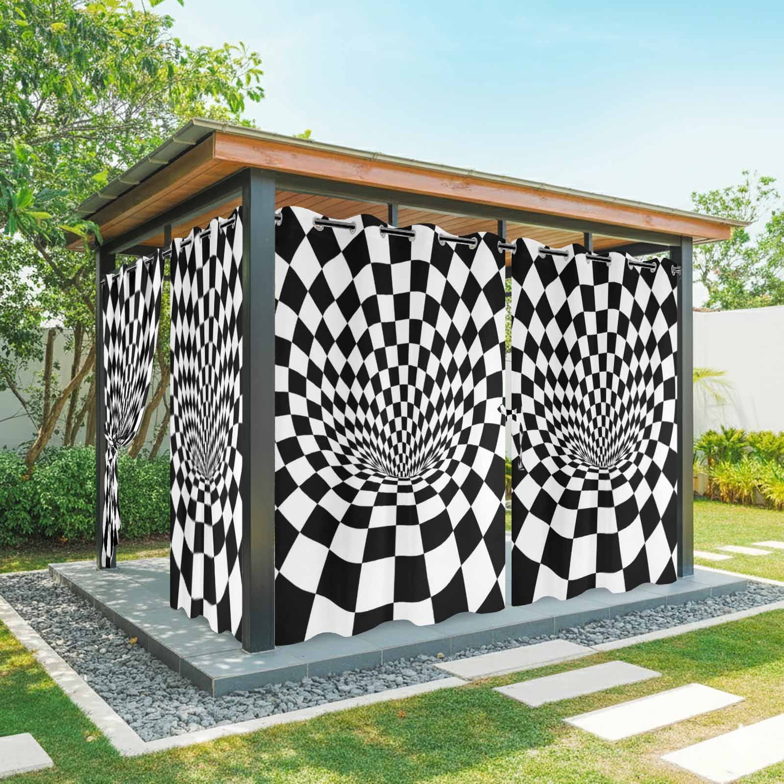 Black White Checker Outdoor Curtains for Patio, Modern Abstract Checkered Tunnel Mosaic Cubes Sunshade Privacy Drapes Grommet Waterproof Outside Curtains for Porch/Cabana/Balcony 54"x 108", 1 Panel