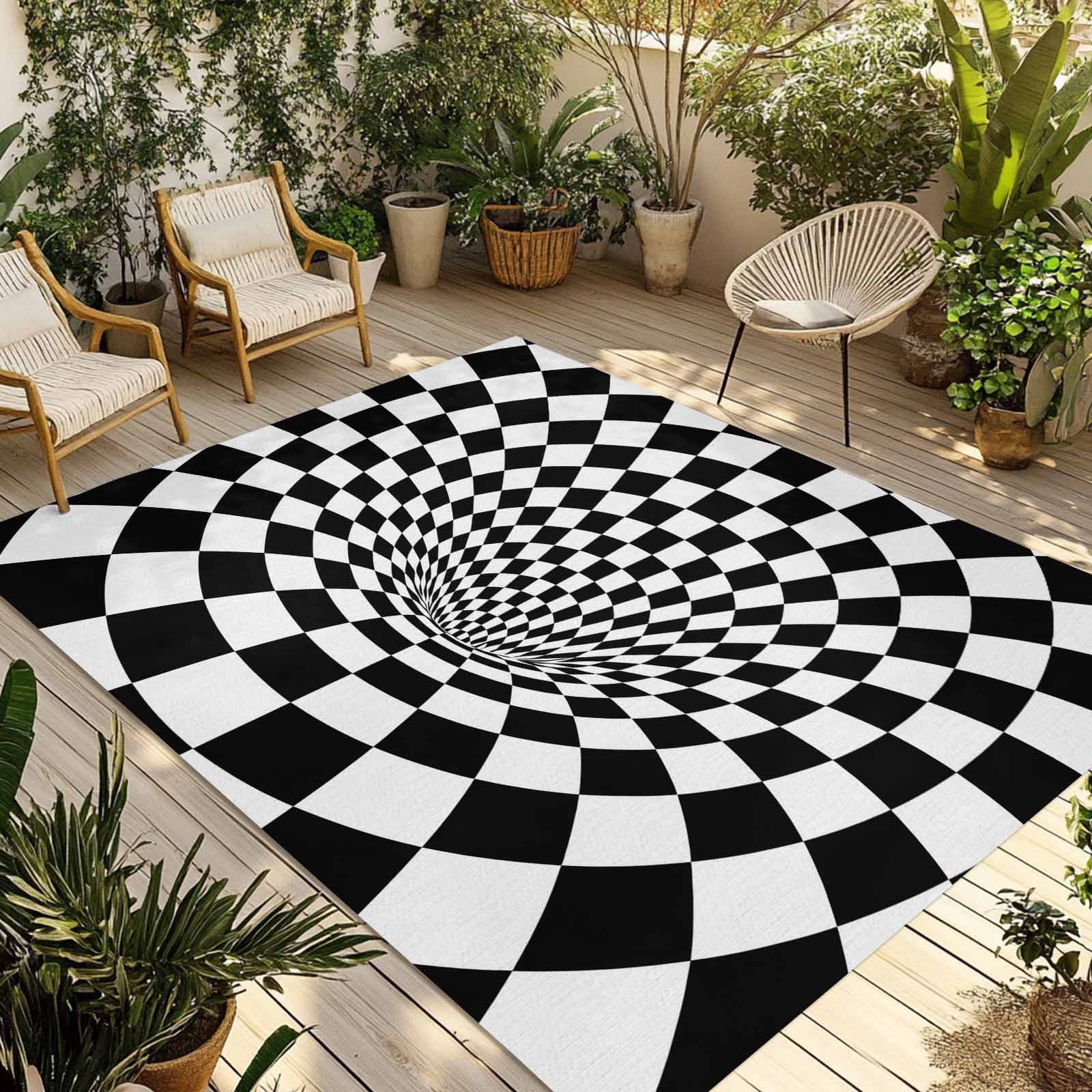 Black White Checker Outdoor Rug, Modern Abstract Checkered Tunnel ...