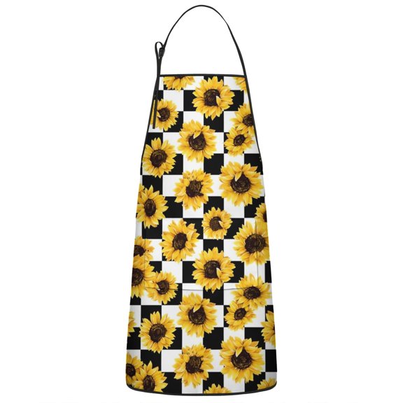 Black White Checker Sunflower Pattern Apron-Garden Aprons for Women with Pockets-Cotton Linen Waterproof Kitchen Cooking Gardening Aprons Adjustable for Kitchen,Cooking,BBQ and Salon 33x27 Inch