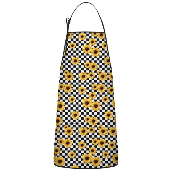 Black White Checker Sunflower Pattern Apron-Garden Aprons for Women with Pockets-Cotton Linen Waterproof Kitchen Cooking Gardening Aprons Adjustable for Kitchen,Cooking,BBQ and Salon 33x27 Inch
