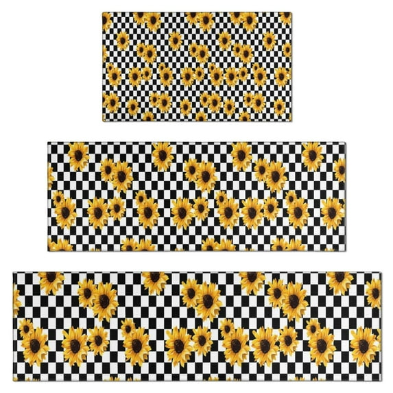 Black White Checker Sunflower Pattern Kitchen Rugs Sets Of 3,Kitchen Runner Rugs Non Skid Washable,Decorative Kitchen Floor Mats for Kitchen,Sink,Laundry,17"x30"+ 17"x47" + 17"x59"
