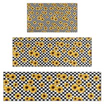 Black White Checker Sunflower Pattern Kitchen Rugs Sets Of 3,Kitchen Runner Rugs Non Skid Washable,Decorative Kitchen Floor Mats for Kitchen,Sink,Laundry,17"x30"  17"x47"   17"x59"
