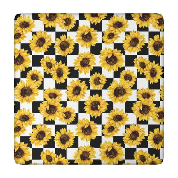 Black White Checker Sunflower Pattern Square Fitted Tablecloth with Elastic Edge,Square Table Cover,Washable Elastic Table Cover for Home Kitchen Party Decor 34"x34"