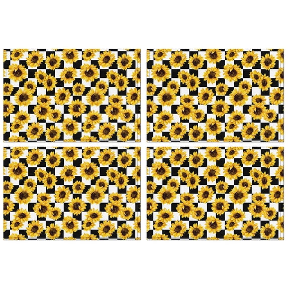 Black White Checker Sunflower Pattern Summer Placemats Table Placemats Set Of 4-Linen Kitchen Washable Placemats Table Mats 11.8"x17.7" Non-Slip Heat Resistant