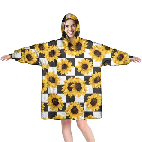Black White Checker Sunflower Pattern Wearable Oversized Blanket,Wearable Blanket Hoodie for Adults,Cozy Hooded Blankets with Super Pockets,Super Warm Fuzzy Pullover for Women & Men