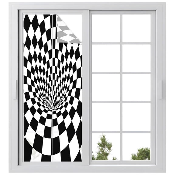 Black White Checker Window Privacy Film, Modern Abstract Checkered Tunnel Mosaic Cubes Frosted Glass Window Clings Static Cling UV Heat Blocking Reusable Door Sticker for Bathroom 23.6 x 59 Inch