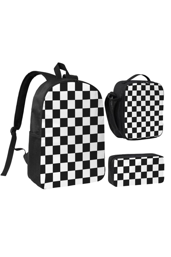 Black White Checkerboard Backpack Set 3pc Including Backpack, Lunch Bag and Pen Bag Combination