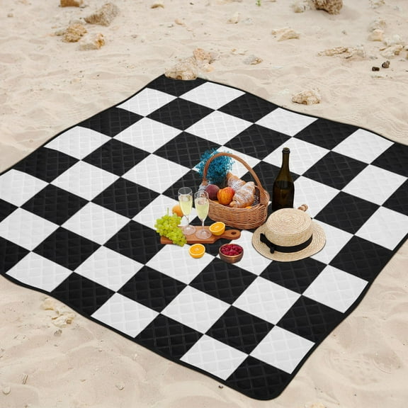Black White Checkerboard Beach Blanket Outdoor Picnic Mat Sandproof Waterproof Foldable for Camping Travel Hiking