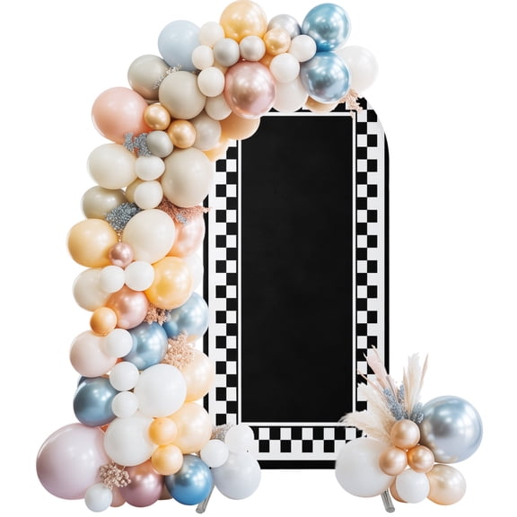 Black White Checkerboard Border Pattern Wedding Arch Backdrop Cover 4FT ,Spandex Fitted Monochrome Frame Design Wedding Arch Covers Round Top Chiara Arches Backdrop Stand Cover for Birthday Party