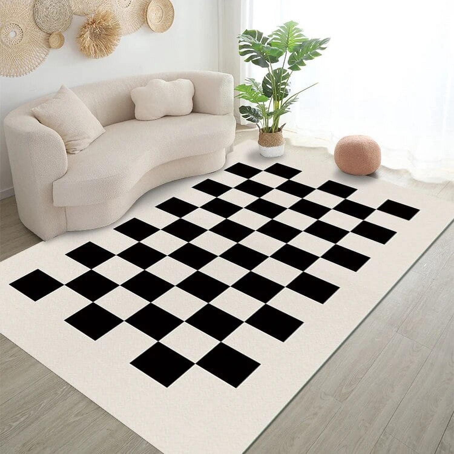 Black White Checkerboard Carpet Living Room Decor Home Sofa Cream Style