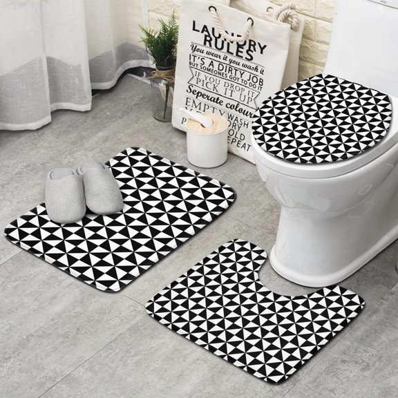 Black White Checkerboard Checkered Pattern Bathroom Rugs Sets 3 Piece,Toilet Cover Set,Absorbent Non Slip Bathroom Mats Sets with U-Shaped Contour Rug Toilet Rug Set