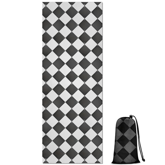 Black and White Checkerboard Checkered Pattern Hot Yoga Mat Towel Non Slip for Hot Yoga - Quick-Drying Yoga Mat Cover with 4 Corner Pockets with Travel Bag - Hot Yoga Towel Non Slip 70"x26"