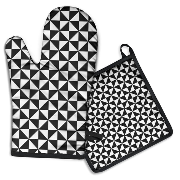Black White Checkerboard Checkered Pattern Kitchen Oven Mitt and Pot Holder Sets 2 Pcs for Baking, Cooking and Grilling, Heat Resistant Up To 392 °F