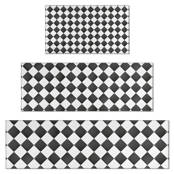 Black and White Checkerboard Checkered Pattern Kitchen Rugs Sets Of 3,Kitchen Runner Rugs Non Skid Washable,Decorative Kitchen Floor Mats for Kitchen,Sink,Laundry,17"x30"+ 17"x47" + 17"x59"
