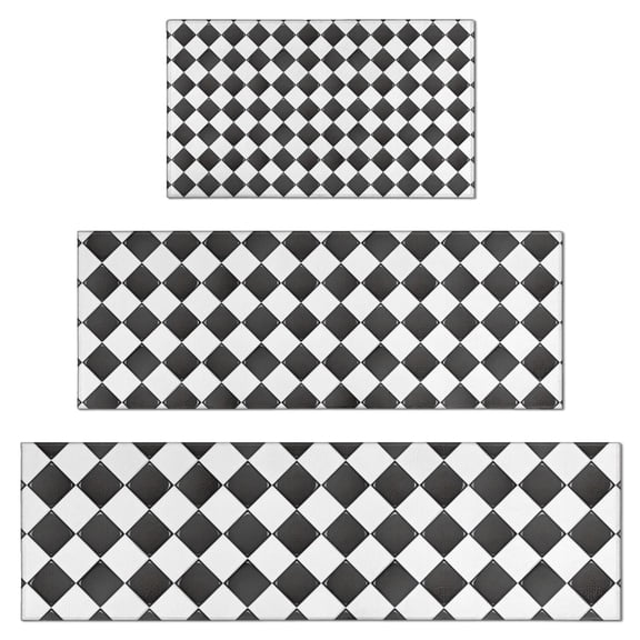 Black and White Checkerboard Checkered Pattern Kitchen Rugs Sets Of 3,Kitchen Runner Rugs Non Skid Washable,Decorative Kitchen Floor Mats for Kitchen,Sink,Laundry,17"x30"+ 17"x47" + 17"x59"
