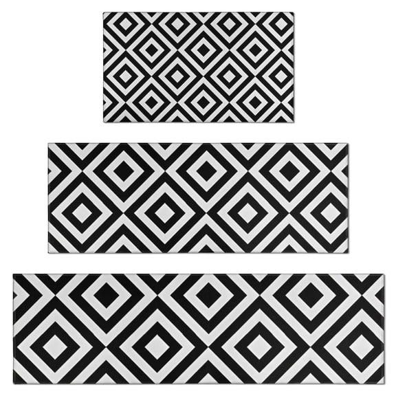 Black White Checkerboard Checkered Pattern Kitchen Rugs Sets Of 3,Kitchen Runner Rugs Non Skid Washable,Decorative Kitchen Floor Mats for Kitchen,Sink,Laundry,17"x30"+ 17"x47" + 17"x59"