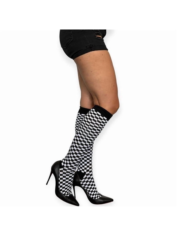 Black & White Checkerboard Knee-High Socks