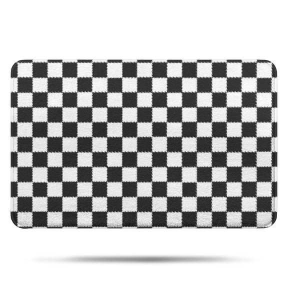 Black White Checkerboard Pattern Non-Slip Microfiber Bathroom Rug, Rubber Backing Soft Mat for Floor, Tub & Shower, 17"x27"