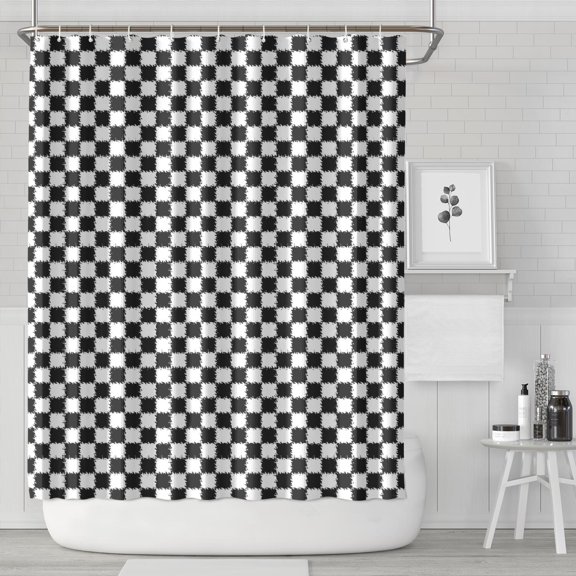 Black White Checkerboard Pattern Shower Curtain 84”x72", Waterproof Washable Bathroom Decor Set with 12 Hooks