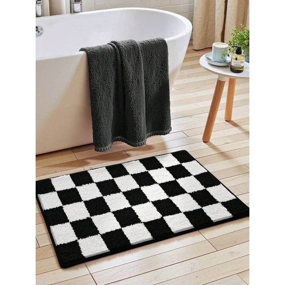Black & White Checkerboard Plush Bath Mat - Soft Absorbent Non-Slip