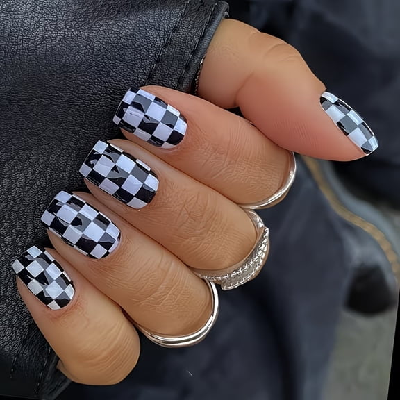 Black White Checkerboard Press On Nails Short Square 24 Pcs Removable False Nails