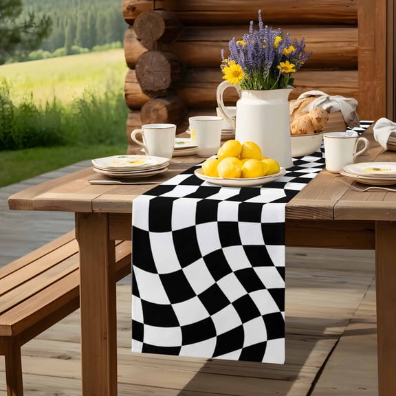 Black and White Checkerboard Table Runner 13x36in Non-Slip Cotton Linen Table Runners, Modern Irregular Geometric Dresser Scarves TableRunner for Dinner Kitchen Dining Wedding Party