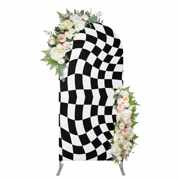 Black and White Checkered Arch Backdrop Cover 5FT, Modern Irregular Geometric Spandex Fitted Stretchy Arch Stand Covers, Round Top Chiara Backdrop Cover for Wedding Party Birthday Baby Shower