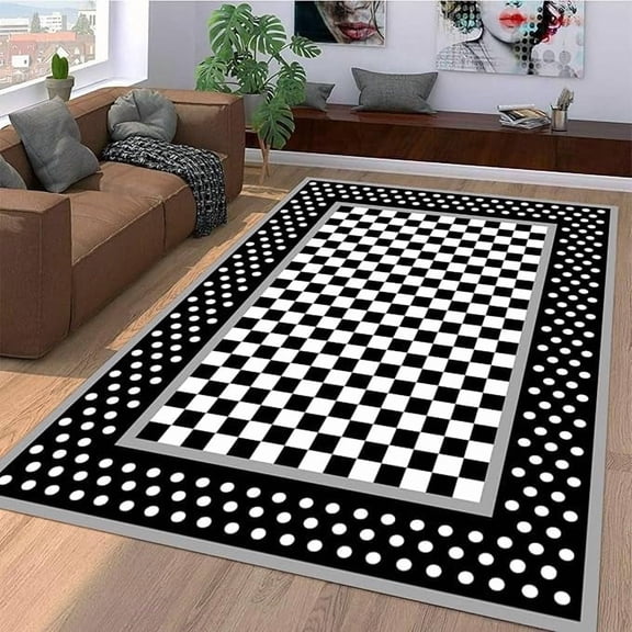 Black White Checkered Area Rug For Living Room Bedroom, Modern Abstract Style Soft Washable Carpet, Indoor Decorative Rug With Non-Slip Backing 3 x 5ft
