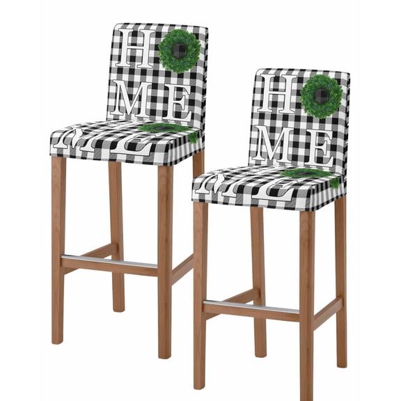 Black White Checkered Bar Stool Covers Set of 2, Farmhouse Buffalo Plaid Botanical Stretch Washable Bar Chair Covers with Backs, Removable Pub Counter Height Chair Cover for Kitchen Dining Room Cafe