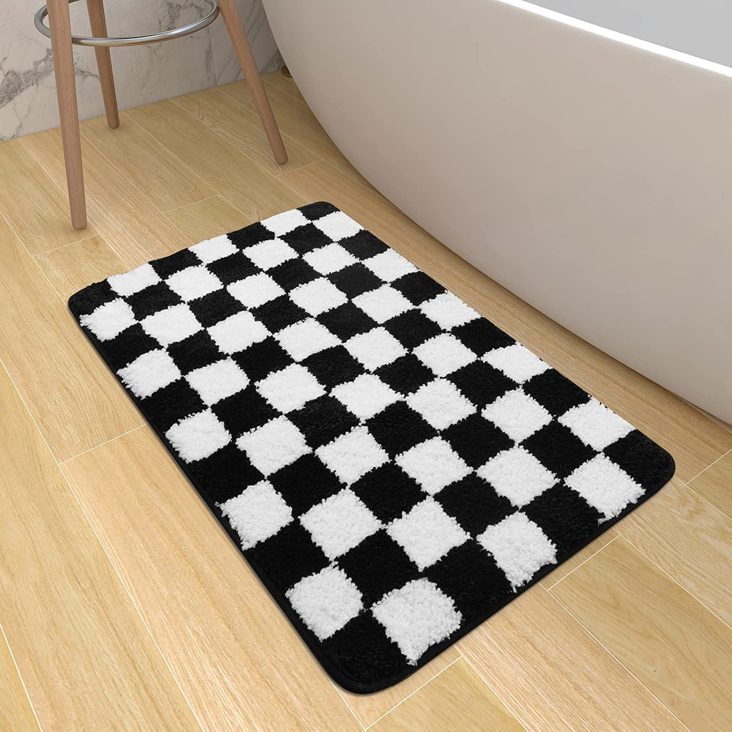 Black and White Checkered Bath Mat, Plush Microfiber Absorbent Bathroom Rugs Luxury Machine Washable Indoor Doormat Non-Slip Shaggy Bath Rugs for Shower Sink Tub (16''''x25'''')
