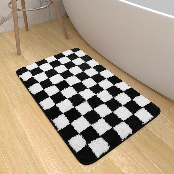 Black and White Checkered Bath Mat, Plush Microfiber Absorbent Bathroom Rugs Luxury Machine Washable Indoor Doormat Non-Slip Shaggy Bath Rugs for Shower Sink Tub (16''''x25'''')