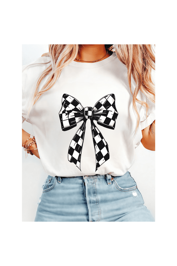 Black & White Checkered Bow Print Tshirts for Womens Trendy Graphic Tees Casual Short Sleeve Tops Cotton Shirts for Daily Outfits White,M