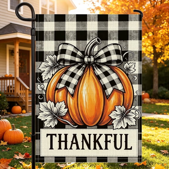 Black White Checkered Bow Pumpkin Harvest Pattern Printed Garden Flag, 12x18 inch, Polyester, Double‑Sided Print, No Flagpole, Yard Patio Outdoor Decor
