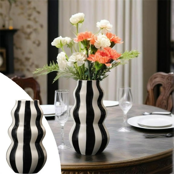 Black & White Checkered Ceramic Vase - Striped Funky Flower Arrangement Container for Living Room, Bathroom or Kitchen Table - Unique Home Decoration Gift Idea